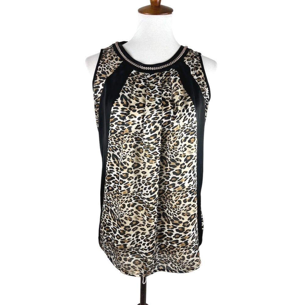 Basler Leopard Print Sleeveless Blouse Chain Trim Neck Size 36 / US 6